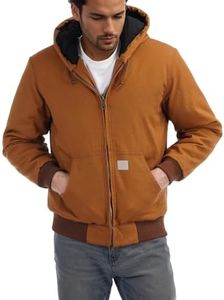 TUAOVA Men's Loose Fit Quilted Flannel Lined Workwear Waterproof Active Jacket Hooded Work Coat(Khaki,XL)