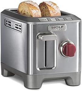 Wolf Gourmet 2-Slice Extra-Wide Slot Toaster with Shade Selector, Bagel and Defrost Settings, Red Knob, Stainless Steel (WGTR152S)