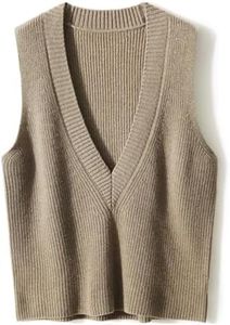 Blostirno Women's Sweater Vest V Neck Knit Pullover Vests Trendy Solid Knitwear Sleeveless Sweaters Tops, Camel, Medium