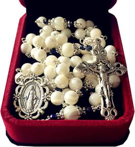 elegantmedical HANDMADE 8MM MOTHER OF PEARL & LAPIS LAZULI BEADS 5 DECADE ROSARY CROSS NECKLACE BOX Catholic GIFTS