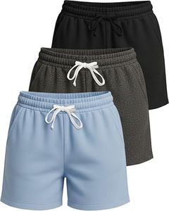 Real Essentials 3 Pack: Women's Cotton Fleece Lounge Pajama Sleep Shorts with Pockets and Drawstring (Available in Plus Size)- Set 3, S