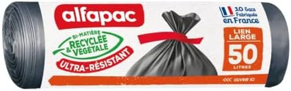 ALFAPAC - 10 Sacs Poubelle Ultra Résistants - Recyclés Maxi-Poids à Lien Large, Noir, 50L (68 x 80 cm)