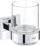 GROHE Start Cube Crystal Glass with Holder - Wall Mounted Toothbrush Holder (Material: Glass and Metal, Concealed Fastening, with Screws and Dowels), Easy to Fit with GROHE QuickGlue, Chrome, 41097000