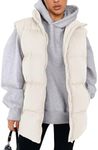 PRETTYGARDEN Women's Puffer Jacket Vests Fall Casual Sleeveless Stand Collar Zip Up Coats Warm Winter Outerwear (Beige White,Large)