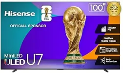 Hisense 100" Class U7 Mini-LED ULED 4K UHD Google Smart TV (100U75QG, 2025 Model) - QLED, Native 165Hz, VRR 288, Up to 3000 Nits, HDR10+, Dolby Vision IQ · Atmos, IMAX Enhanced, 2.1.2 Ch Surround