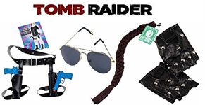 Mega_Jumble Twin Guns Thigh Holster-Lara Croft Style Tomb Raider Fancy Dress Accessories Guns Holster Glasses Plaits and Gloves (4 Piece Set)