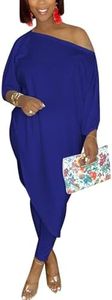Chatinction Women's Solid Color 2 Piece Outfits Oversized 3/4 Sleeve One Shoulder Top Skinny Pants Clubwear Sweatsuits Blue S