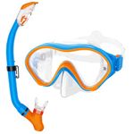 Snorkeling Gear for Kids with Foldable Silicone Full Dry Snorkel, Kids Snorkel Set Anti Leak Youth Junior Snorkeling Package Diving Mask Soft Tube with Mesh Bag Swimming Goggles, Blue+Orange