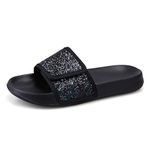 IONOKO Girls Slide Sandals Summer Glitter Slider Bathroom Shower Beach Pool Shoes Kids Casual Slipper Black 4 UK