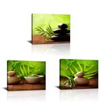 3 Panels Zen Canvas Wall Art Still Life SPA Stone Green Bamboo Leaves Pictures Painting Prints for Bathroom Office Kitchen Salon Wall Decor Stretched and Framed Ready to Hang 12"x16"x3pcs