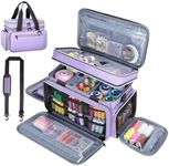Anitor Large Sewing Supplies Organizer, Double Layer Sewing Storage Organizer with Two Detachable Dividers, Travel Sewing Bag Organizer with Shoulder Strap for Accessories, Pale Purple, (Bag Only)