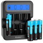 Kratax AA Rechargeable 1.5V Lithium Battery，4 Pack Li-ion AA Batteries with LCD Charger，3500mWh High Capacity，3A High Current Output，1.5V Constant Output，1600Cycles Long Lasting,Home&Office Use