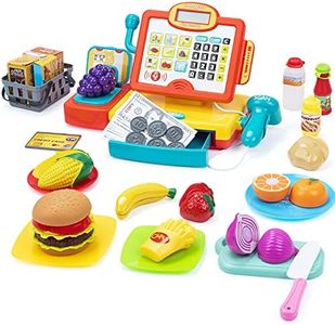 Kids Cash Register Toy with Cuttable Food, Scaner, Microphone, Play Money, Calculator Cash Register for Toddler, Great Grocery Pre-School Gift for Boys & Girls, Ages 3 4 5 6 7 8, Red