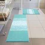 Vaukki Luxury Soft Bathroom Rugs Set of 2, Non Slip Washable Plush Bath Floor Mats, Microfiber Shaggy Absorbent Striped Bath Carpet for Tub, Bathroom and Shower (18''x26''+18''x47'', Aqua Blue)