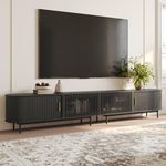 POVISON Fully-Assembled Sliding Tambour Door TV Stand, Mid Century Modern TV Console, Wood Media Console, Entertainment Center with Storage Cabinet(Black, 118.11")