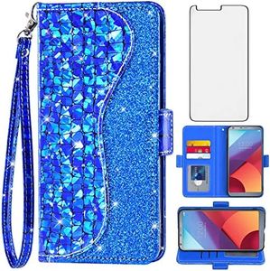 Asuwish Phone Case for LG G6 Wallet Cover with Screen Protector and Wrist Strap Flip Credit Card Holder Bling Glitter Stand Cell LGG6 ThinQ LG6 Thin Q G 6 Plus G6+ 6G VS988 H872 Women Girls Blue