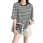 Women Harajuku Oversized Stripe Casual Long Sleeves Crewneck T-Shirt Tee Tops, X-black, Medium