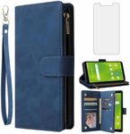 Asuwish Compatible with AT&T Calypso 3 U328AA Wallet Case Tempered Glass Screen Protector and Leather Flip Cover Card Holder Stand Cell Accessories Purse Phone Cases for ATT Calypso3 Women Men Blue