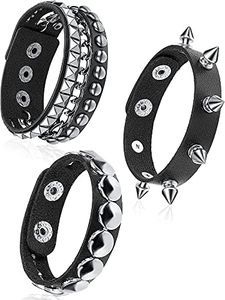 Hicarer 3 Pieces Leather Punk Bracelet for Men Women 80s Wristband Goth Punk Rock Bracelet Cuff Bangle Unisex for Halloween Party Favors Accessories(Vintage Style)