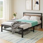 FOUBAM Full Size Bed Frame with Wooden Headboard,Metal Platform Bed Frame Full No Box Spring Needed, Mattress Foundation with Reinforced Steel Slat Support,Under Bed Storage Without Noise,Black&Brown