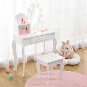 Garvee Kids Vanity Set with Touch Lighted Mirror, Pretend Play Girls Vanity Table and Chair Set with Mirror, Stool, and Wood Makeup Playset, White