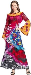IKALI Halloween Day of the Dead Costume Donne Abito lungo Scheletro Stampato Fancy Dress Up Lady Outfit S