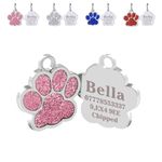 Personalised Cat Tags | Dog Tags for Pets Engraved UK | Pet ID Tags for Dogs & Cats | Glitter Paw Print Stainless Steel Cat Name Tag | Doggy Cat Kitten Kitty Puppy Tag | 4 Colours 25mm (Pink)