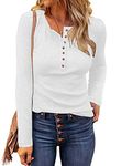 WNEEDU Women's Waffle Knit Tops Button Down V Neck Tunic Long Sleeve Henley Shirts 2024 New Casual Blouses Pure White S