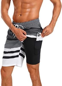 difficort Mens Swimming Trunks with Compression Liner Quick Dry Board Shorts Swimsuit with Zipper Pockets,Black & White Stripe,Large