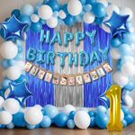 Party Propz Paper (Cardstock), Latex, Foil 1St Birthday Boy Decoration Combo Set - 63Pcs For Celebration / 1St Birthday Decoration For Boys / First Birthday Decorations Boy Theme,Blue