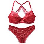 Ayigedu Ladies Lace Underwire Non Padded Bra Sexy Soft Cups Panties Lingerie Sets 38-AA Red