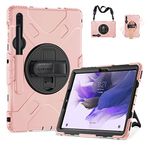 SUPFIVES Case for Samsung Galaxy Tab S7 FE 12.4 Inch 2021 : [Upgraded Military Grade] Full-Body Rugged Protective Soft Silicone Cover - Kick Stand- Handle/Shoulder Strap- S Pen Holder- Pink