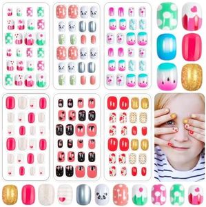 144 Pieces Fake Nails for Kids Girls Artificial Kids Press on Nails Full Cover Short Acrylic Stick On Nails False Nail Tips Kit for Children Little Girls Nail Art Decoration (Sweet Pattern)