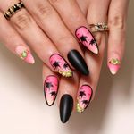 Secret Lives Matte Reusable Artificial Black & Pink Color with 3D Golden Pearls & Palm Tree Design Press on Nails with Kit