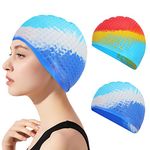 Swim Cap 2 Pack Unisex Silicone Swimming Cap, Skycase Durable Flexible Waterproof Swimming Hats for Men Women Adults Kids, Bathing Swimming Caps for Long/Short Hair-Dazzle Blue+Rainbow