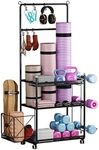 GENKI Yoga Mat Storage Rack, Home Gym Storage Weight Rack for Dumbbell Kettlebell Shelves Shelf Garage Racking Holder,Heavy-Duty Sports Gym Organizer with Wheels and Hooks