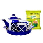 Ruvi Ceramic Hand Painted TeaPot Stoneware Ceramic Tea Kettle Set with 2 Cups(180ml), 1 Kettle(600ml)& 1 Tray/ceramic Good Morning Set | Chip n Heat Resistant | Multi-Coloured (Blue Shine Set of 1)