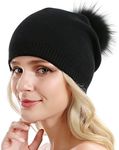 Queenfur Women Knit Wool Beanie Winter Cashmere Ski Hats Real Raccoon Fur Pom Pom