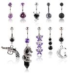 10pcs Belly Button Rings, Stainless Steel Belly Rings Dangling Black Purple Heart Butterfly Moon Dangle Belly Button Rings Barbell Navel Body Piercing Jewelry for Women Girls