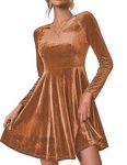 Chigant Women's Velvet Dress Long Sleeve Cocktail Halloween Party Club Dresses Flare Swing Mini Prom Dress for Wedding Guest, Brown, M