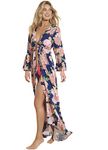 Maaji Lotus Kimono - Lightweight Beach Cover Up Kimono - Long Sleeve Floor Length with Tie Waist - Peony Floral Print, Blue, Medium