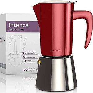 bonVIVO Intenca Stovetop Espresso Maker - Luxurious Italian Coffee Machine Maker, Stainless Steel Espresso Maker Full Bodied Coffee, Espresso Pot For 5-6 Cups, 10 oz Moka Pot Red Finish