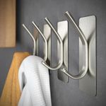 GLUIT Adhesive Towel Hooks for Bathroom Wall Hooks for Hanging Heavy Duty for Door Coat Rack Sticky Hanger Holder Durable Stainless Steel (Silver, 4 Pack)