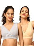 The Mom Store | Cotton Mix Non Padded Wire Free Maternity Bra for Women Feeding | Nursing Bra for Breastfeeding | V Neck Full Coverage Pregnancy Bra | Grey & Beige | 2XL | Pack of 2