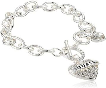 GUESS Women's Silvertone Chain Toggle Dangle Heart Charm Bracelet, One Size, Glass