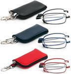 3 Pack Folding Reading Glasses with Keychain Compact Bags Women Men Blue Light Blocking Spring Hinge Portable Pocket Readers,Black Blue and Red 0.75