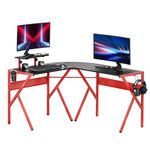 HOMCOM Gaming Desk L-Shaped Corner Computer Table for Home Office PC Workstations with Adjustable Monitor Stand Cup Holder Headphone Hook 125x125x75cm, Red