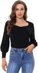 Allegra K Women's Knit Ribbed Tops Sweetheart Neck Lantern Sleeve Pullover Sweater Black Small