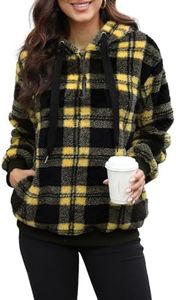 Yanekop Sweatshirt for Women Oversized Sherpa Hoodies for Women 2024 Fluffy Sweater(B Yellow Black Plaid,3XL)
