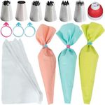 BAKETIVITY Frosting Piping Bags and Tips Set for Decorating Cakes, Cupcakes & More - Frosting Piping Kit with 3 Reusable & 30 Disposable Icing Bags, 6 Piping Tips, 3 Bag Ties & 1 Tri-Color Coupler